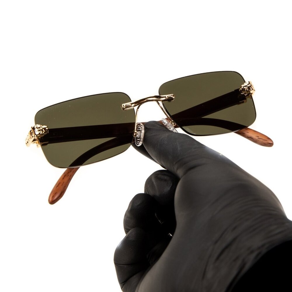 Mens Green Tint Rimless Gold Frame Vintage Wood Buffs Leopard Head Sunglasses - Picture 4 of 6